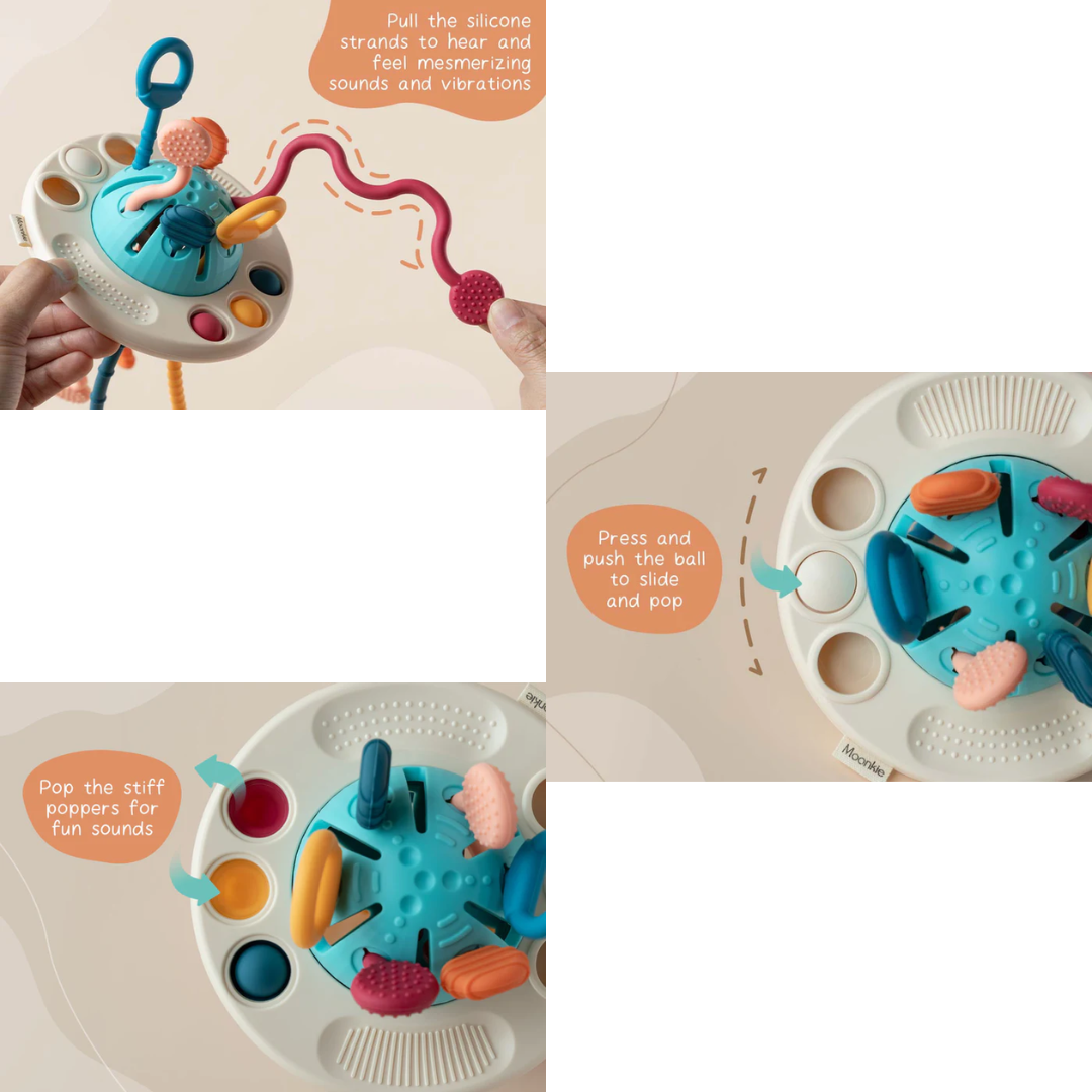 Skynjunarleikfang með teygjusnúrum og hnöppum